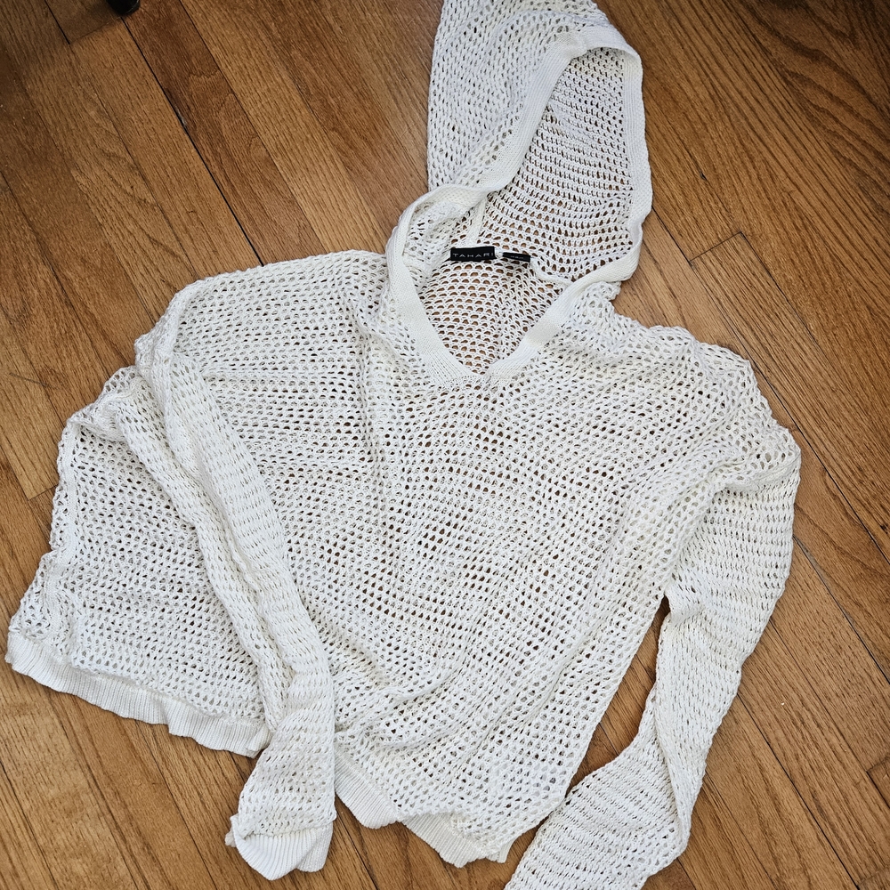 Tahari White Knit Hoodie Beachy Sweater XL